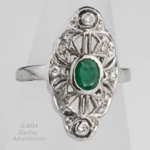 Vintage estate transitional 14k white gold filigree, emerald and diamond ring c. 1920. rgfn122