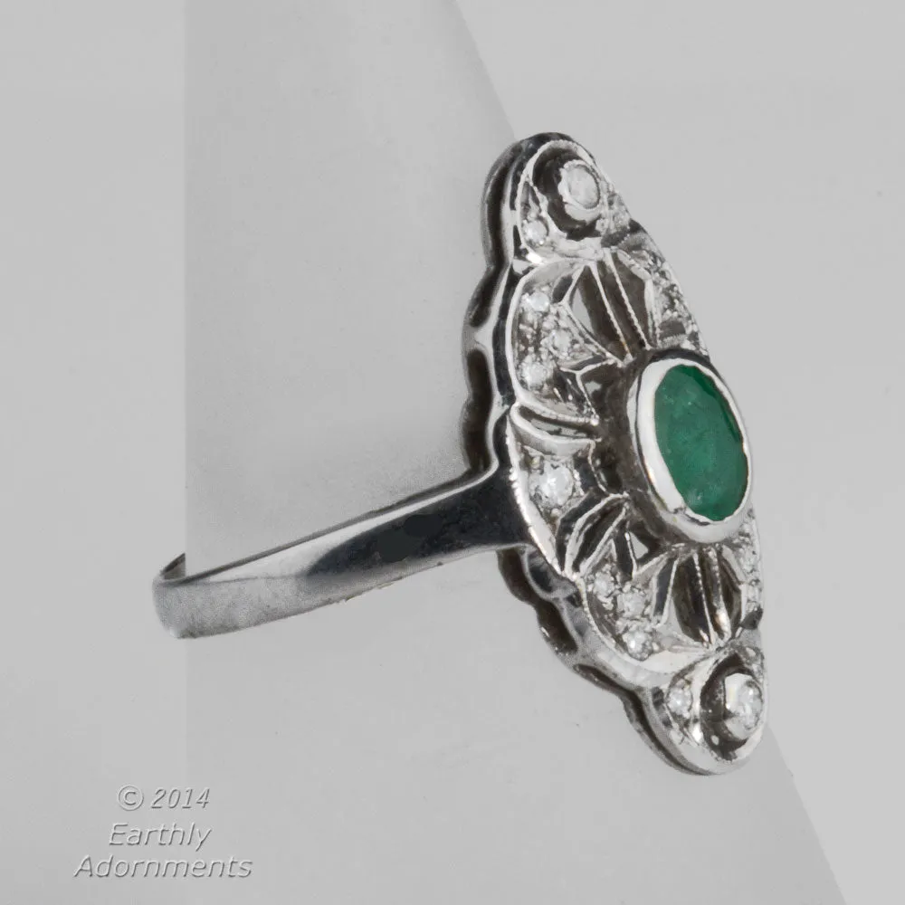 Vintage estate transitional 14k white gold filigree, emerald and diamond ring c. 1920. rgfn122