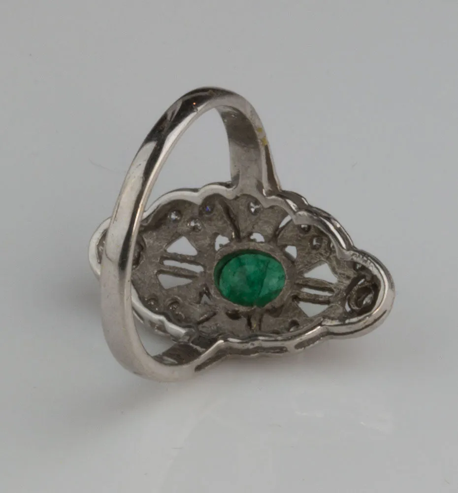Vintage estate transitional 14k white gold filigree, emerald and diamond ring c. 1920. rgfn122