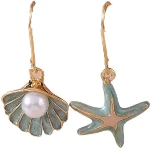 Vintage Gold Color Starfish Shell Stud Earrings Women Small Cute Imitation Pearl Banquet Wedding Jewelry