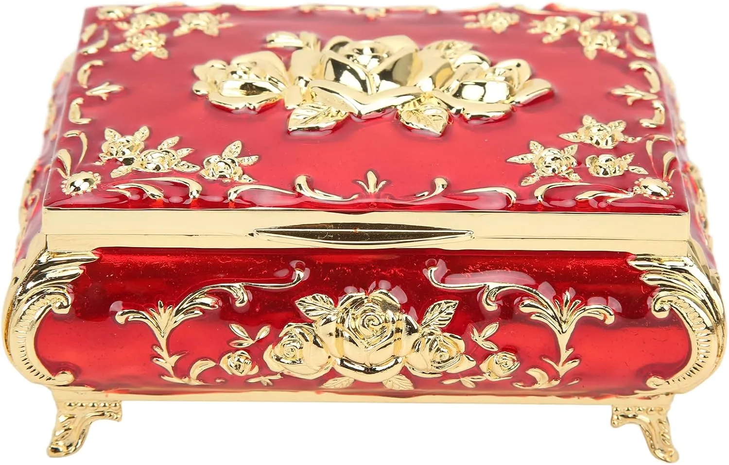Vintage Jewelry Box, Enameled Trinket Box Organizer with Rose Relief Design Rectangle Antique Jewelry Keepsake Box Case for Girl Women(Golden red)