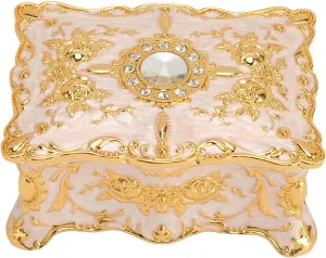Vintage Metal Jewelry Box, Mini Retro European Style Jewelry Antique Box,Two Layers Rectangular Trinket Storage Organizer,Ornate Ring Earrings Treasure Chest Box for Women Girls(Golden White)