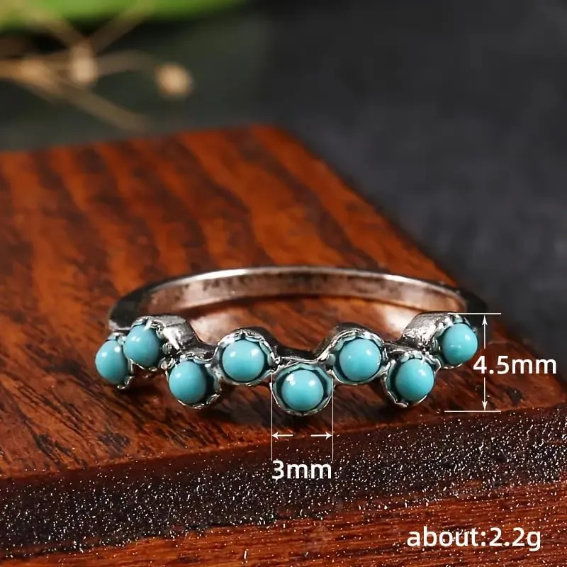 Vintage Small Dainty Ring 925 Sterling Silver Turquoise Stackable Ring for Women Everyday Comfort Ring Bohemia Promise Band Ring(6#)