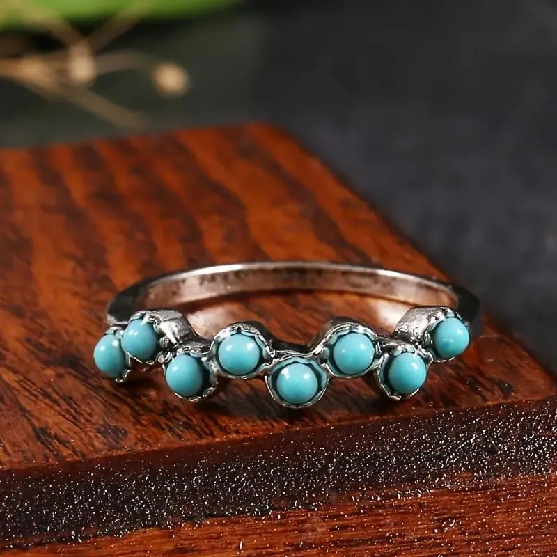 Vintage Small Dainty Ring 925 Sterling Silver Turquoise Stackable Ring for Women Everyday Comfort Ring Bohemia Promise Band Ring(6#)