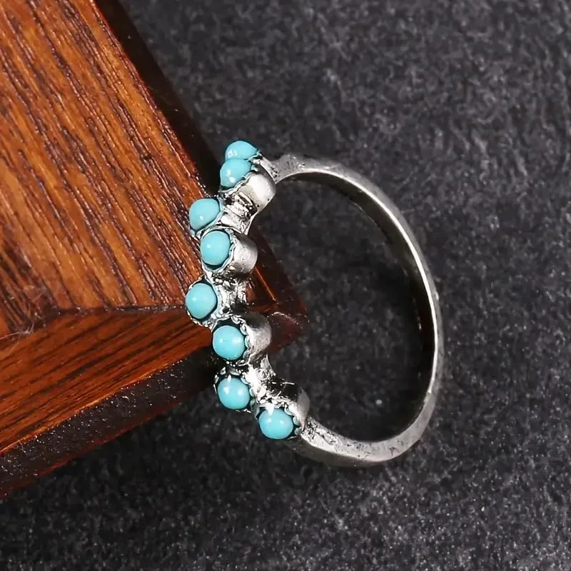 Vintage Small Dainty Ring 925 Sterling Silver Turquoise Stackable Ring for Women Everyday Comfort Ring Bohemia Promise Band Ring(6#)