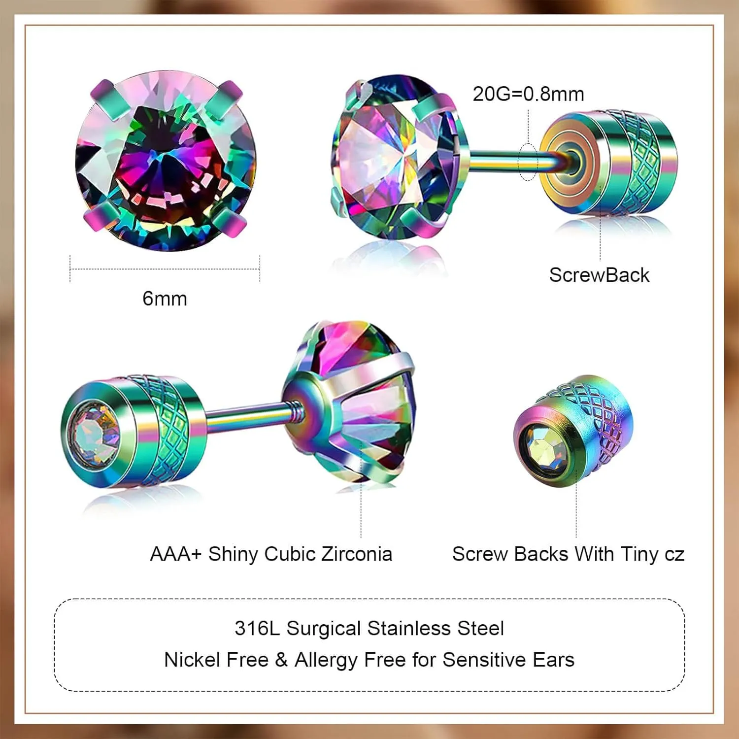 VOLUKA Stainless Steel Cubic Zirconia Stud Earrings for Women & Men - Hypoallergenic 316L Surgical Steel, Plated Titanium, Screw Back Flat Back, Nickel-Free, Trendy & Elegant