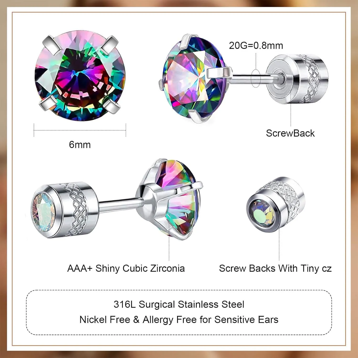 VOLUKA Stainless Steel Cubic Zirconia Stud Earrings for Women & Men - Hypoallergenic 316L Surgical Steel, Plated Titanium, Screw Back Flat Back, Nickel-Free, Trendy & Elegant