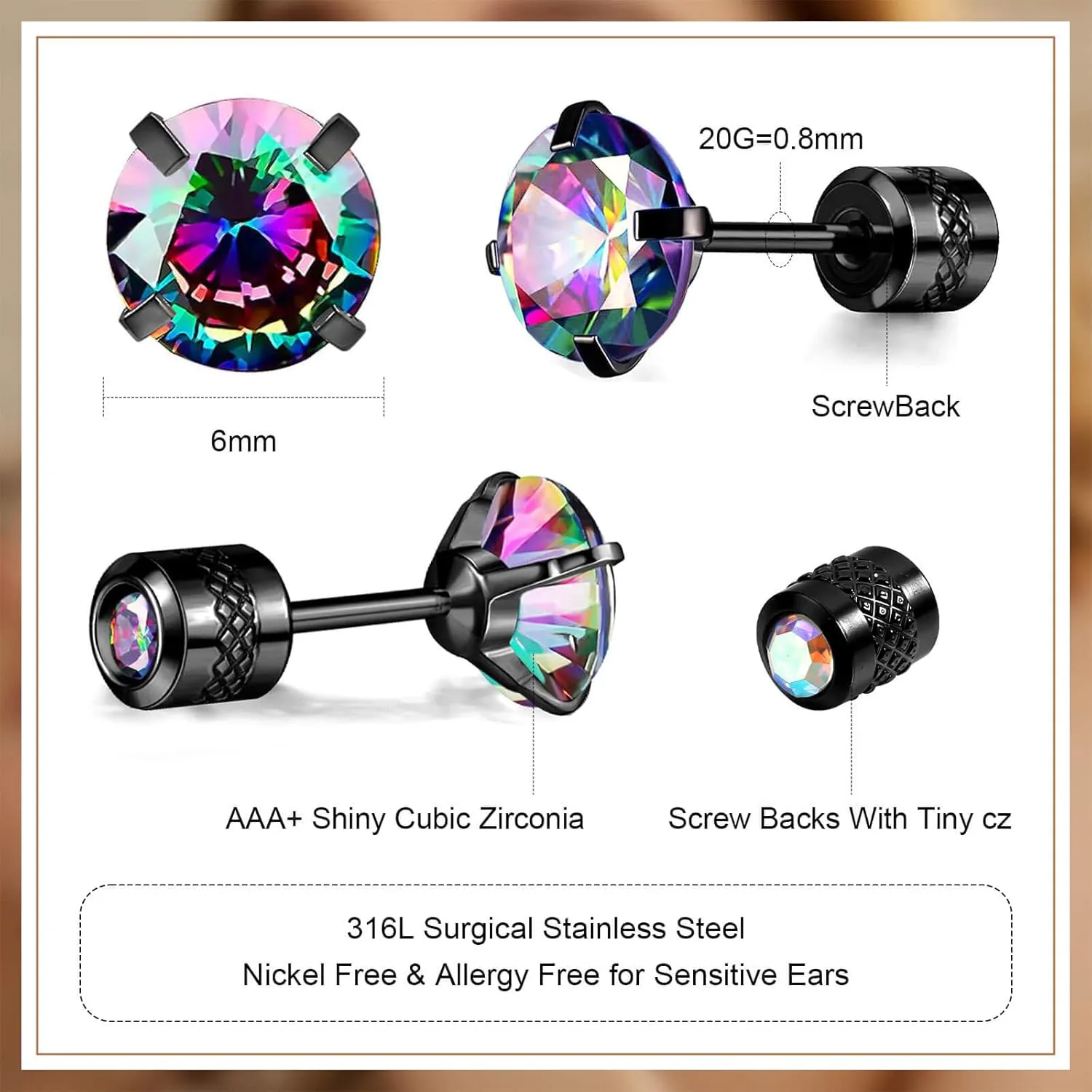 VOLUKA Stainless Steel Cubic Zirconia Stud Earrings for Women & Men - Hypoallergenic 316L Surgical Steel, Plated Titanium, Screw Back Flat Back, Nickel-Free, Trendy & Elegant