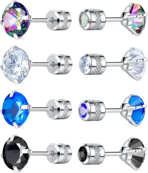 VOLUKA Stainless Steel Cubic Zirconia Stud Earrings for Women & Men - Hypoallergenic 316L Surgical Steel, Plated Titanium, Screw Back Flat Back, Nickel-Free, Trendy & Elegant