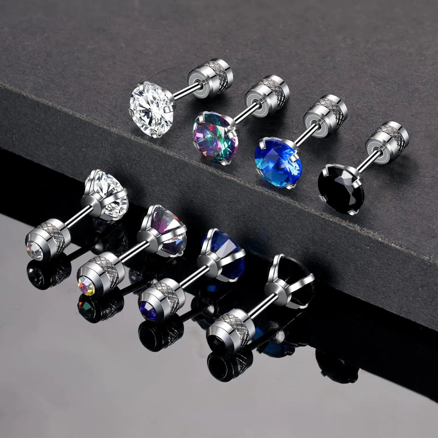 VOLUKA Stainless Steel Cubic Zirconia Stud Earrings for Women & Men - Hypoallergenic 316L Surgical Steel, Plated Titanium, Screw Back Flat Back, Nickel-Free, Trendy & Elegant