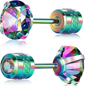 VOLUKA Stainless Steel Cubic Zirconia Stud Earrings for Women & Men - Hypoallergenic 316L Surgical Steel, Plated Titanium, Screw Back Flat Back, Nickel-Free, Trendy & Elegant