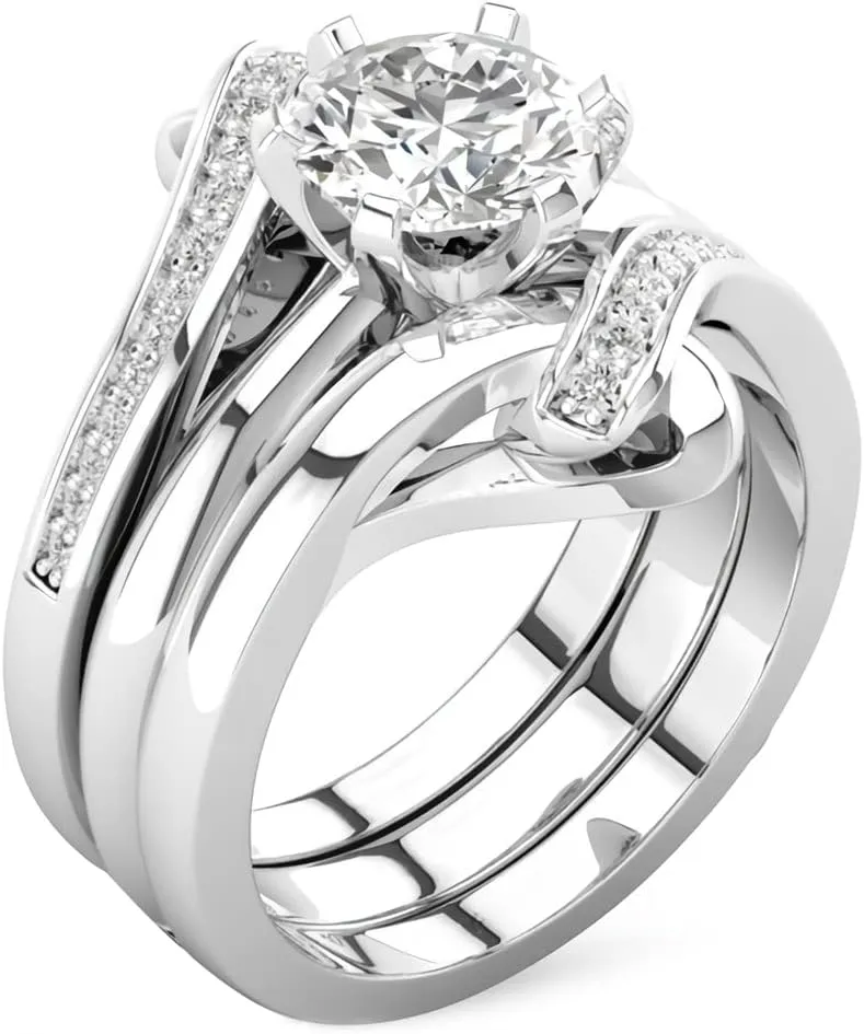 Wedding Ring Set for Women Bridal Ring Set 1 Carat Center Moissanite Engagement Ring Set Platinum Plated Silver 3 Piece Wedding Ring Sets for Her Anniversary Promise Rings