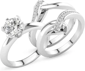Wedding Ring Set for Women Bridal Ring Set 1 Carat Center Moissanite Engagement Ring Set Platinum Plated Silver 3 Piece Wedding Ring Sets for Her Anniversary Promise Rings