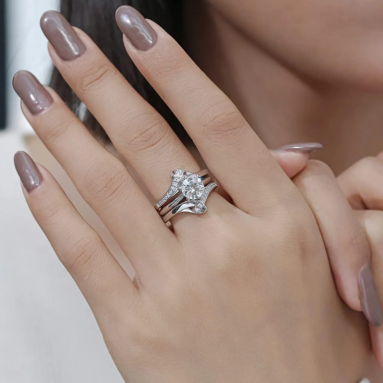 Wedding Ring Set for Women Bridal Ring Set 1 Carat Center Moissanite Engagement Ring Set Platinum Plated Silver 3 Piece Wedding Ring Sets for Her Anniversary Promise Rings