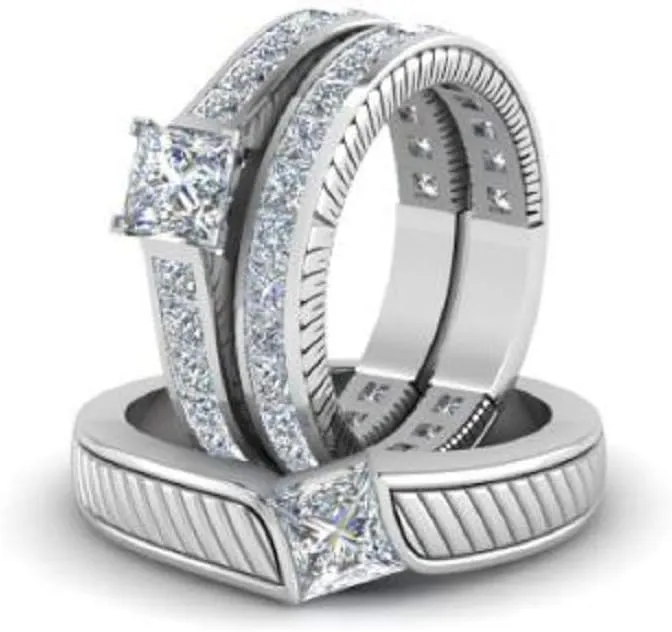 Wedding Ring Set His Hers Couples Matching Rings 3pc 925 Sterling Silver Square CZ Engagement Ring Bridal Sets & Men's