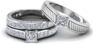 Wedding Ring Set His Hers Couples Matching Rings 3pc 925 Sterling Silver Square CZ Engagement Ring Bridal Sets & Men's