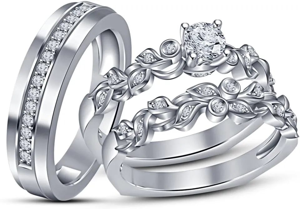 Wedding Ring Set Two Rings His Hers Couples Matching Rings Women's 2pc White Gold Plated Wedding Engagement Bridal Sets & Men's Wedding Band Women's Size 7 & Men's Size 12