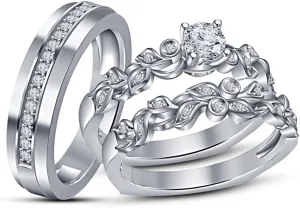 Wedding Ring Set Two Rings His Hers Couples Matching Rings Women's 2pc White Gold Plated Wedding Engagement Bridal Sets & Men's Wedding Band Women's Size 7 & Men's Size 12