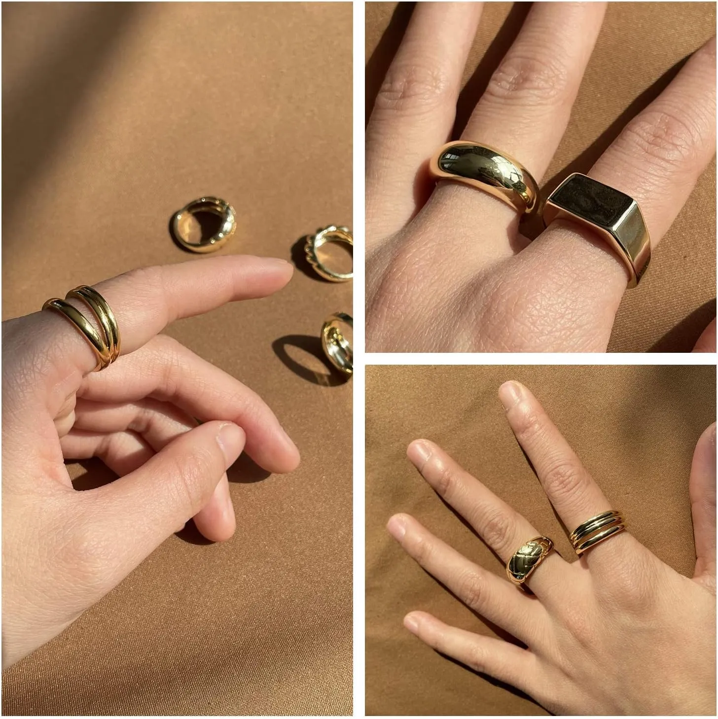 WFYOU 6PCS 18K Gold Plated Thick Dome Chunky Rings for Women Braided Twisted Signet Chunky Gold Ring Set Minimalist Statement Ring Jewelry Size 5-10