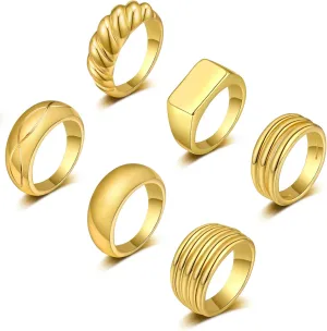 WFYOU 6PCS 18K Gold Plated Thick Dome Chunky Rings for Women Braided Twisted Signet Chunky Gold Ring Set Minimalist Statement Ring Jewelry Size 5-10