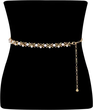 WHIPPY Metal Waist Chain Women Adjustable Body Link Pearl Belts Fashion Belly Jewelry for Jeans Dresses Gold