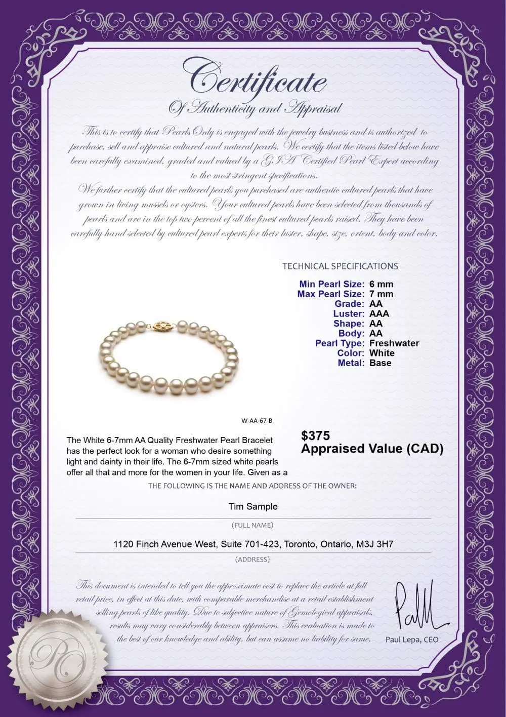 White 6-7mm AA Quality Freshwater Cultured Pearl Bracelet for Women