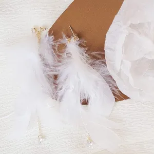 White Feather Earrings For Women Boho Style Long Faux Pearl Tassel Chain Cubic Zirconia Dangle Drop Aesthetic Elegant Black Feather Earrings For Bride Mothers Daughter Wife