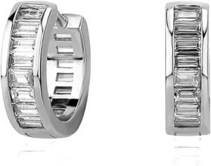 White Gold Plated 925 Sterling Silver Brilliant Cubic Zirconia Huggie Trendy Elegant Hypoallergenic Iced Cz Baguette Hoop Earrings For Men Women