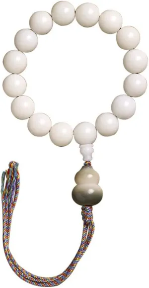 White Jade Bodhi Root Beaded Bracelet Handmade Tassel Hand-Held Buddha Bead for Meditation Prayer