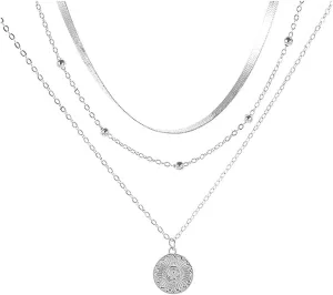 Woen Layered Silver Necklace Set, Choker Collar with Beaded Chain and Coin Pendant for Women