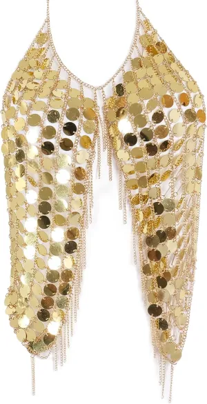 Women's Sexy Sequin Body Chain Jewelry Set with Tassels, Boho Backless Halter Bikini Bra Harness & Punk Fish Scale Top for Beach, Wedding, Halloween, Nightclub and Rave Party Outfits