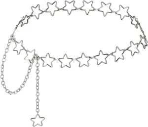 Women's Star Waist Chain, Silver Chain Belt Metal Belly Chain Adjustable Body Chains Plus Size Belt Chain Trendy Western Belly Chains Belt Jewelry with Long Tassel for Women Girls Dresses Skirts Jeans