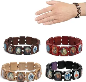 Wooden Rosary Bracelet, Jesus Elastic Bangle with Pictures of Religious Saints Catholic Holy Gods Goddess Prayer Manifestation Bracelet