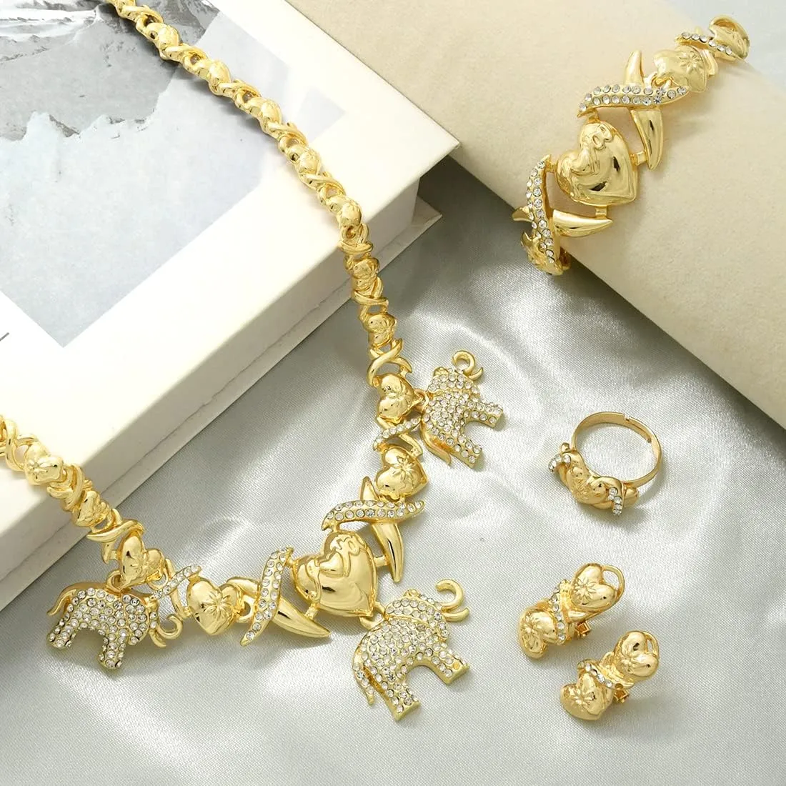XOXO Women Jewelry Necklace Set 18K Gold Plated Bride Bridesmaid Fashion Rhinestone Wedding Jewelry Necklace Earrings Bracelet Ring 4 Pieces Set