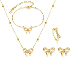 YANCHUN Bow Earrings Necklace Bracelet Gold Jewelry Set Trendy Bowknot Ribbon Pearl Choker Necklace Trendy Bow Stuff Jewelry Gifts