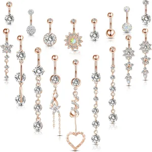 Yaomiao 18 Pcs 14G Stainless Steel Belly Button Ring Rhinestone Heart Dangle Belly Button Rings for Women