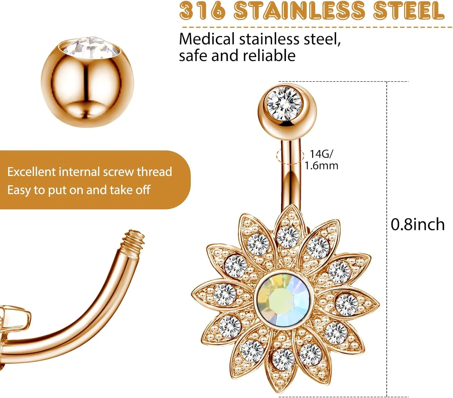 Yaomiao 18 Pcs 14G Stainless Steel Belly Button Ring Rhinestone Heart Dangle Belly Button Rings for Women