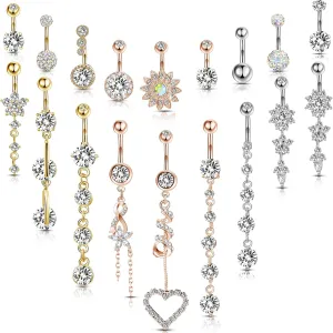 Yaomiao 18 Pcs 14G Stainless Steel Belly Button Ring Rhinestone Heart Dangle Belly Button Rings for Women