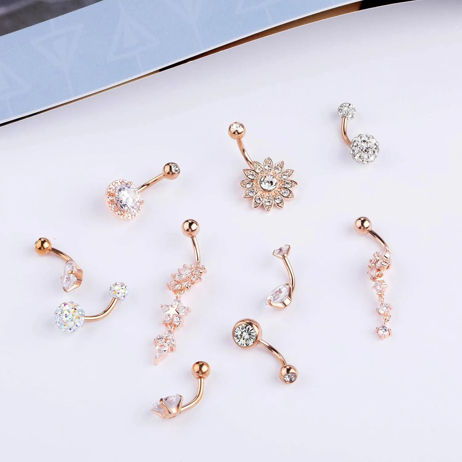 Yaomiao 18 Pcs 14G Stainless Steel Belly Button Ring Rhinestone Heart Dangle Belly Button Rings for Women