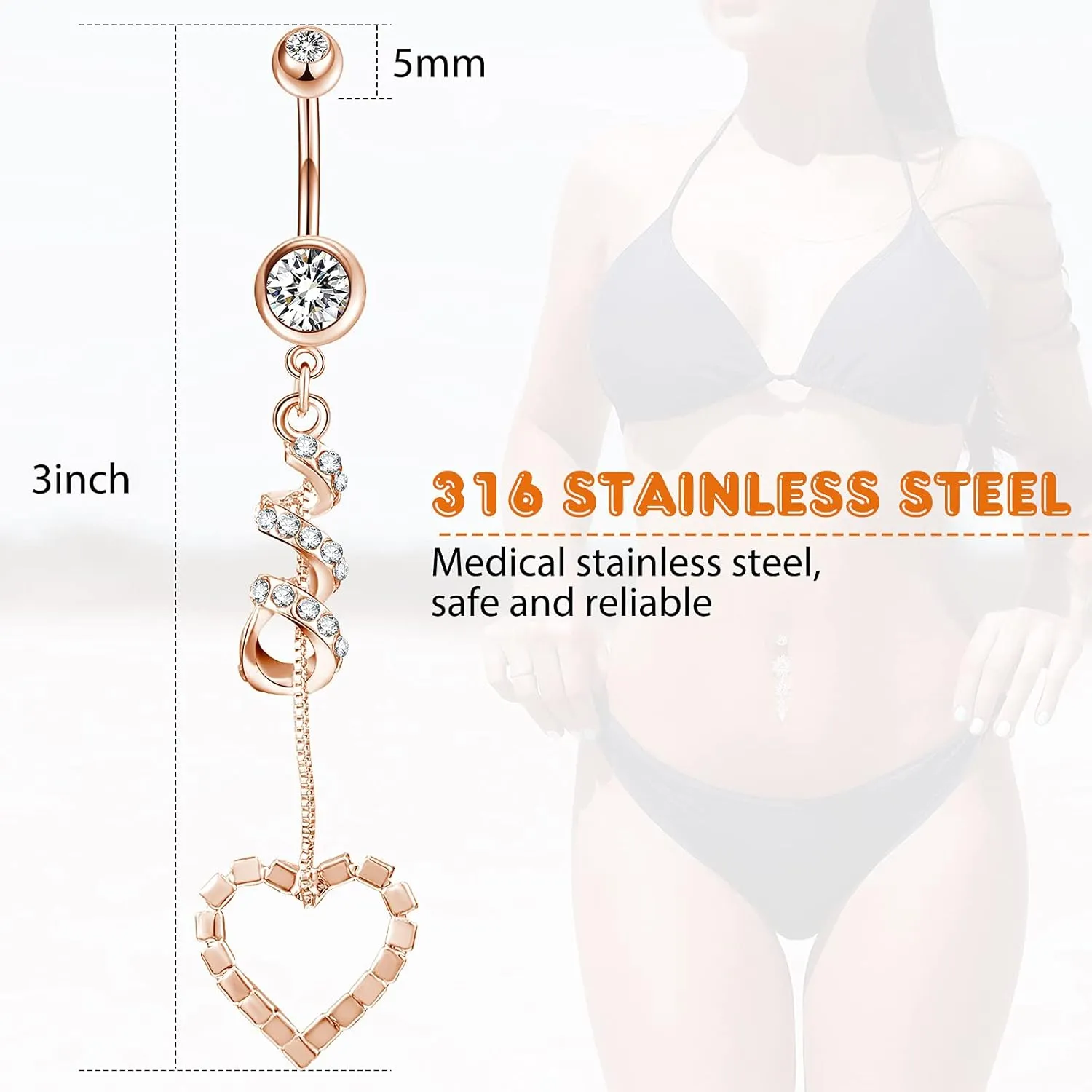 Yaomiao 18 Pcs 14G Stainless Steel Belly Button Ring Rhinestone Heart Dangle Belly Button Rings for Women