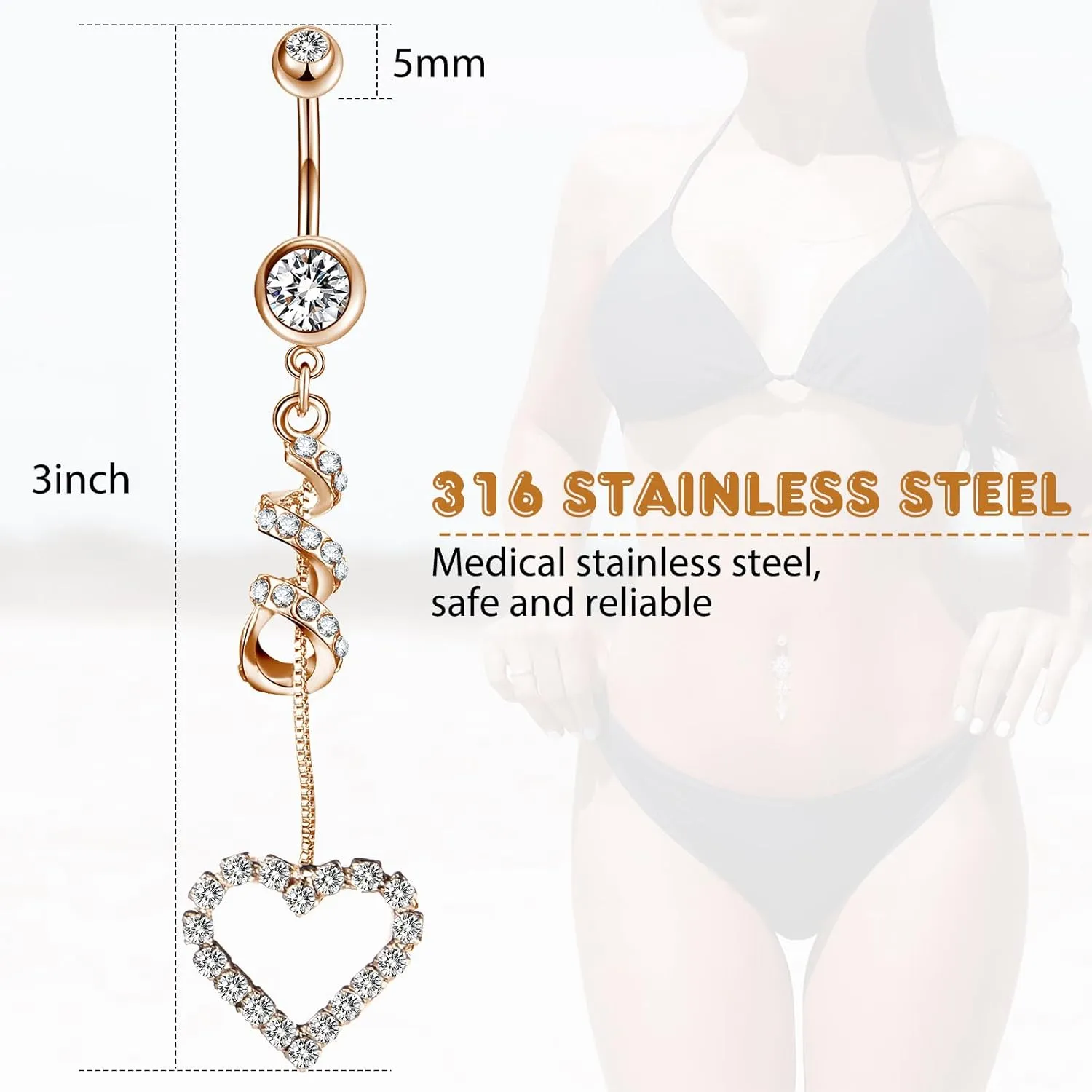 Yaomiao 18 Pcs 14G Stainless Steel Belly Button Ring Rhinestone Heart Dangle Belly Button Rings for Women
