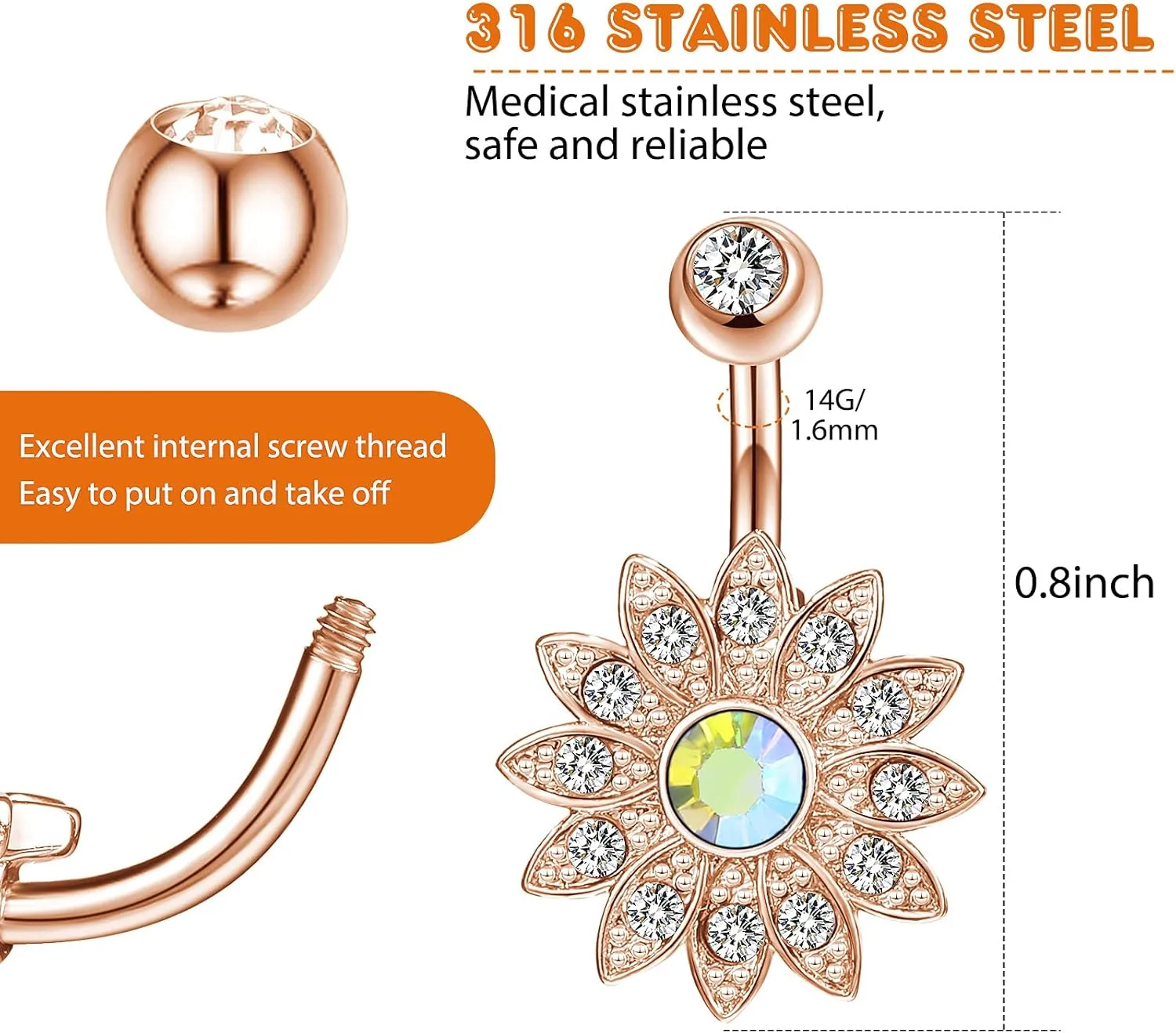 Yaomiao 18 Pcs 14G Stainless Steel Belly Button Ring Rhinestone Heart Dangle Belly Button Rings for Women