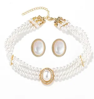 YAZILIND Imitation Pearl Sparkling Rhinestone Bridal Necklace Earrings Women's Luxury Vintage Oval Shape Wedding Jewelry Set(White), 1331H1130