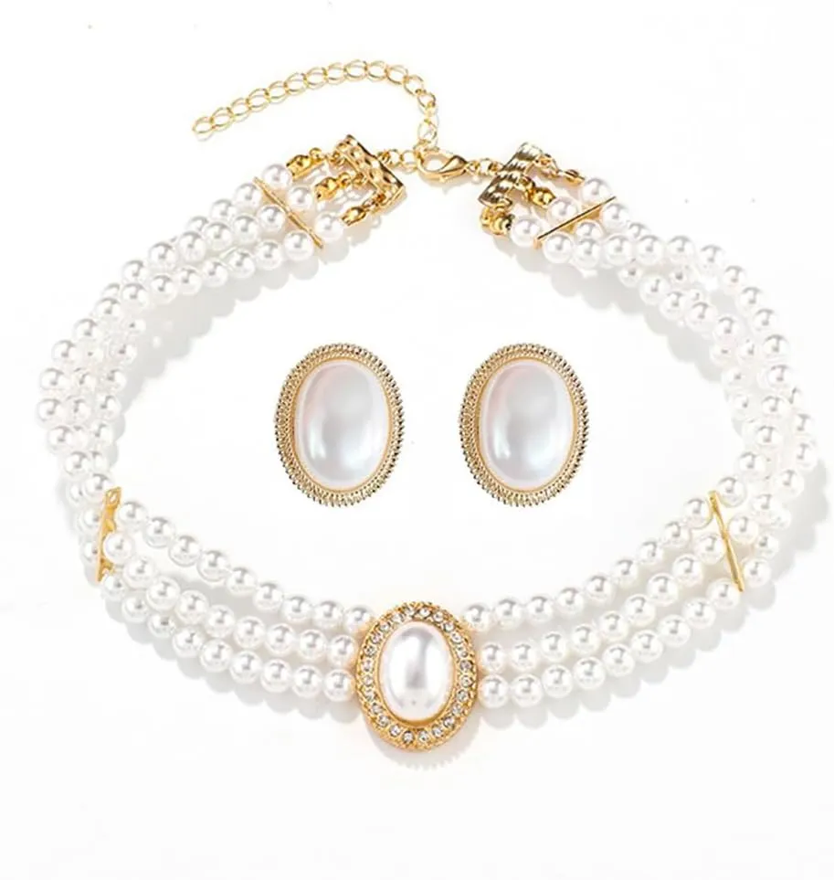 YAZILIND Imitation Pearl Sparkling Rhinestone Bridal Necklace Earrings Women's Luxury Vintage Oval Shape Wedding Jewelry Set(White), 1331H1130