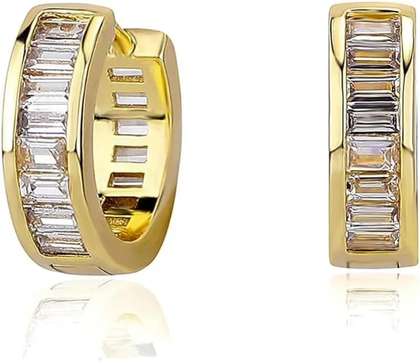 Yellow Gold Plated 925 Sterling Silver Brilliant Cubic Zirconia Huggie Trendy Elegant Hypoallergenic Iced Cz Baguette Hoop Earrings For Men Women
