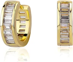 Yellow Gold Plated 925 Sterling Silver Brilliant Cubic Zirconia Huggie Trendy Elegant Hypoallergenic Iced Cz Baguette Hoop Earrings For Men Women
