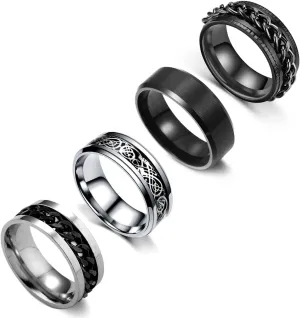 YOOESTORES82 4Pcs Band Rings for Men Stainless Steel Spinner Rings for Men Women Chain Rings Cool Black Ring Set Anxiety Ring Wedding Ring