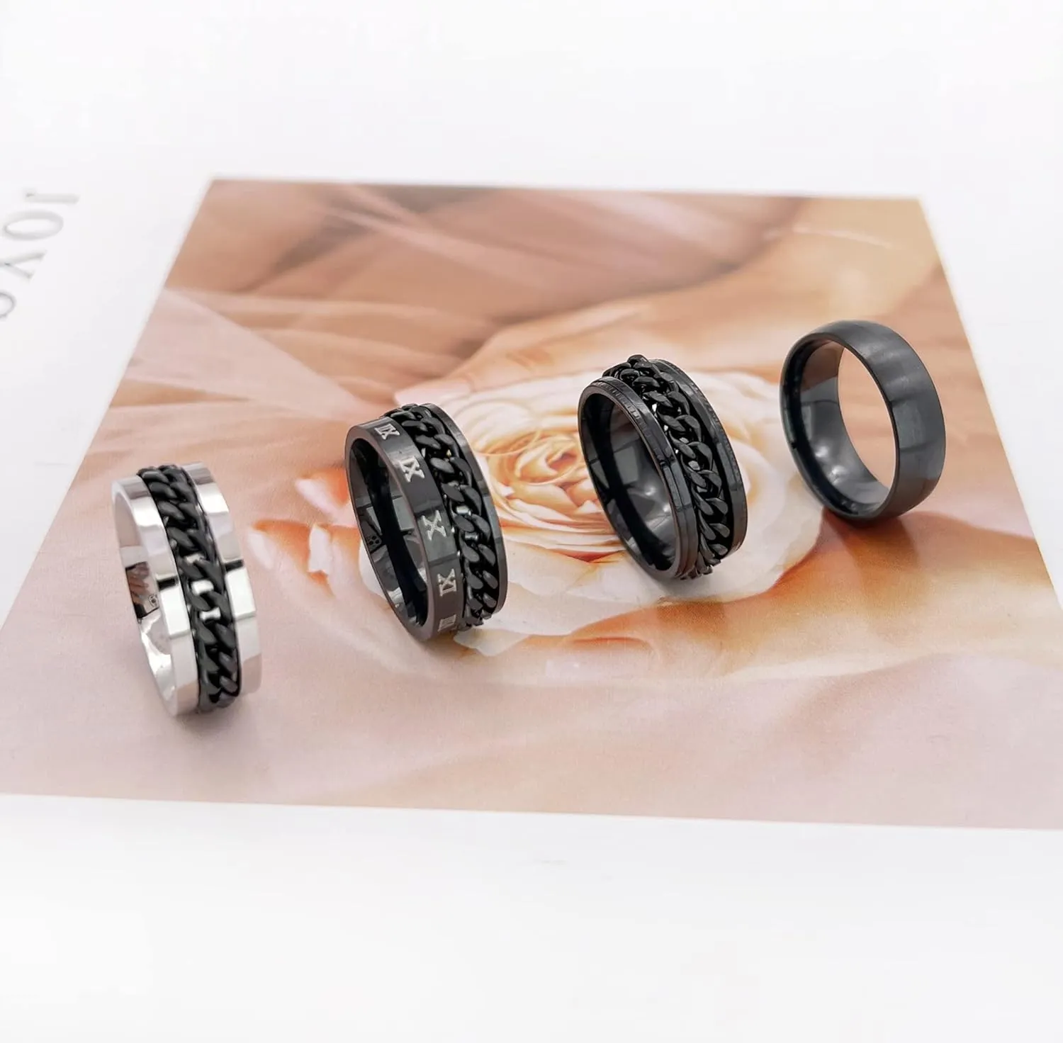 YOOESTORES82 4Pcs Band Rings for Men Stainless Steel Spinner Rings for Men Women Chain Rings Cool Black Ring Set Anxiety Ring Wedding Ring