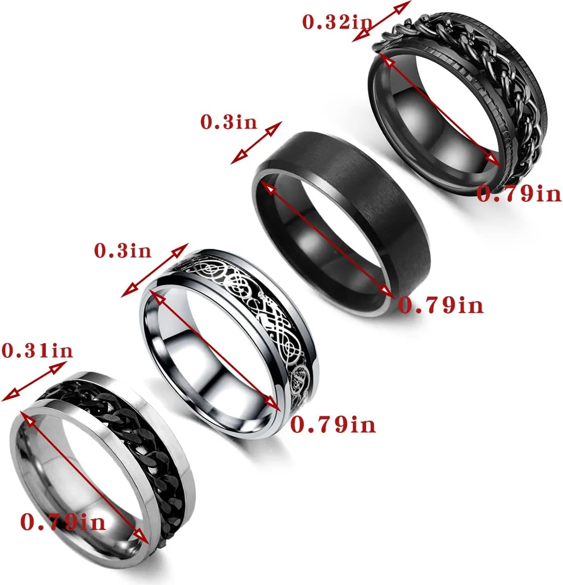 YOOESTORES82 4Pcs Band Rings for Men Stainless Steel Spinner Rings for Men Women Chain Rings Cool Black Ring Set Anxiety Ring Wedding Ring