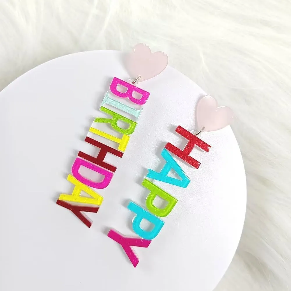 Zian Acrylic Sparkling Color Letter Long Love Earrings Happy Birthday Earrings Hot Pink Birthday Party Gift For Wife Or Daughter